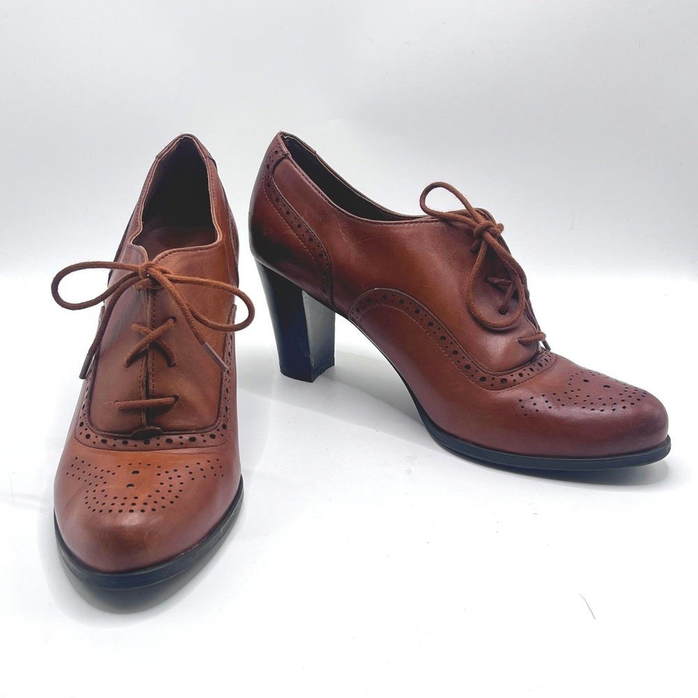 Franco Sarto Brown Leather Oxford Heels Wingtip Brogue Lace Up Booties Size 9.5